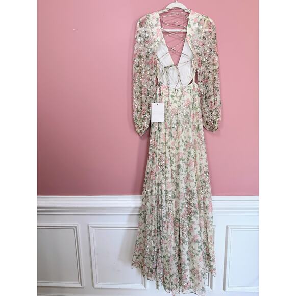 NEW NWT Mac Duggal Floral Sequined Cut Out Lace Up Gown A93746 Size 4 - Picture 13 of 15